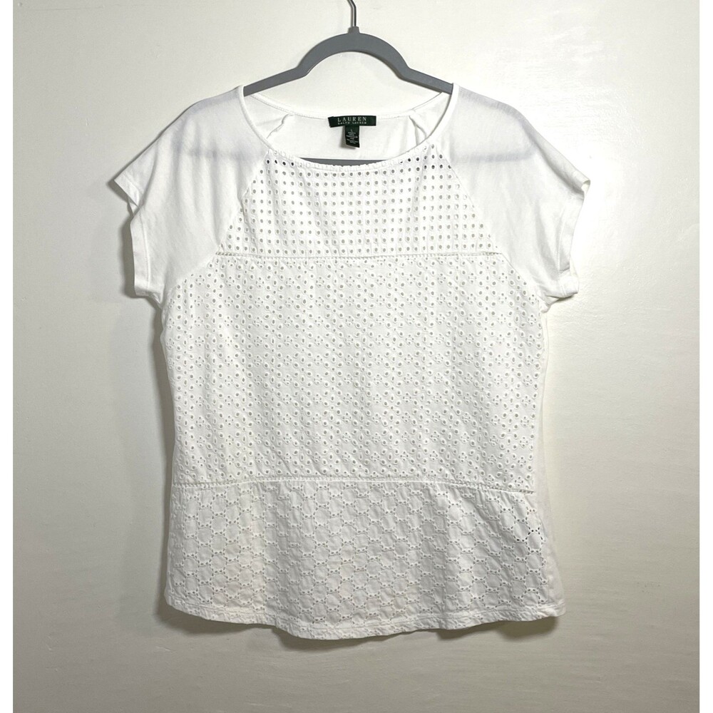 Lauren Ralph Lauren Women's White Eyelet Blouse Top 100% Cotton Size L Casual